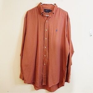 Ralph Lauren Classic Fit Long Sleeve Plaid Button Down Shirt Large Orange/White